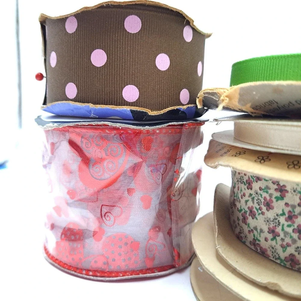 Vintage Ribbon Lot 10 Rolls Mixed Floral Polka Dot Sheer Satin Grosgrain Destash